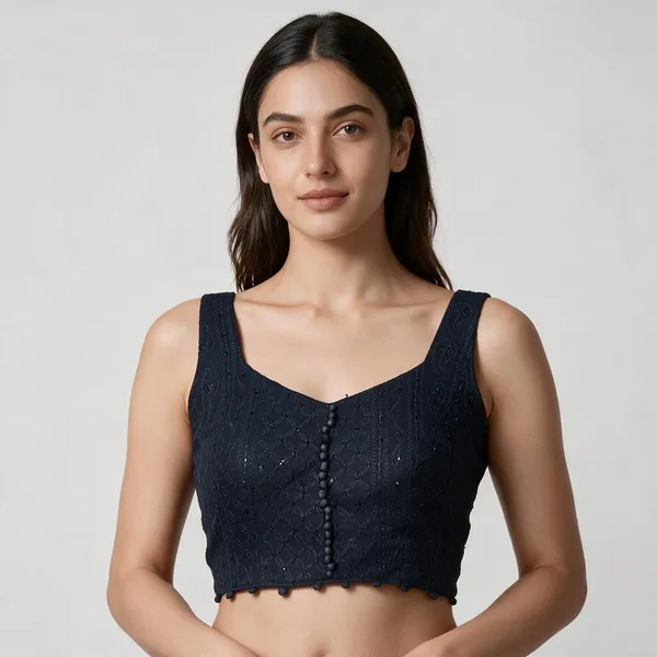 Black_Sleeveless_Sweetheart_Neck_Chikankari_Embroidered_Blouse_For_Women