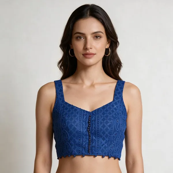 Blue_Sleeveless_Sweetheart_Neck_Chikankari_Embroidered_Blouse_For_Women