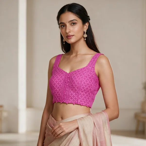 Pink_Sleeveless_Sweetheart_Neck_Chikankari_Embroidered_Blouse_For_Women