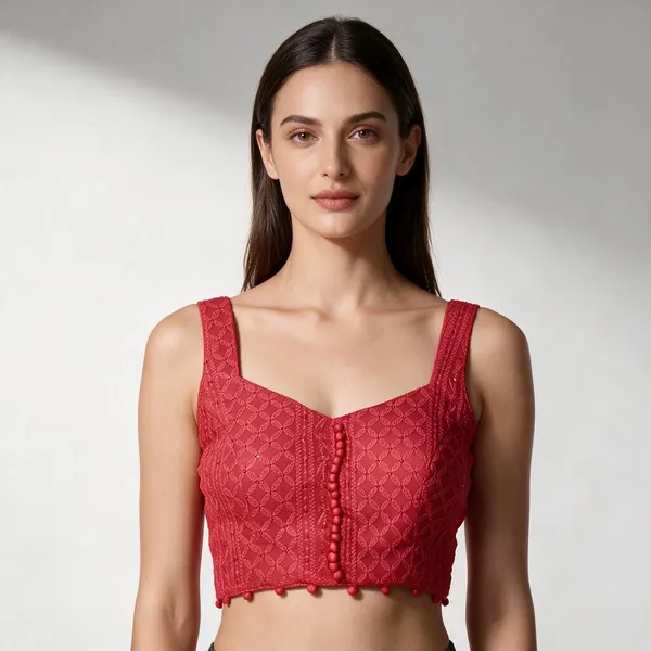 Red_Georgette_Sleeveless_V-Neck_Chikankari_Embroidered_Blouse_For_Women