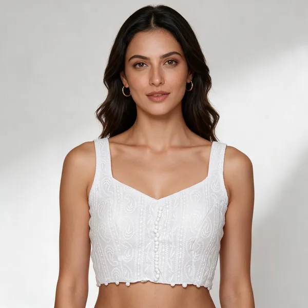 White_Georgette_Sweetheart_Neck_Sleeveless_Chikankari_Blouse_For_Women