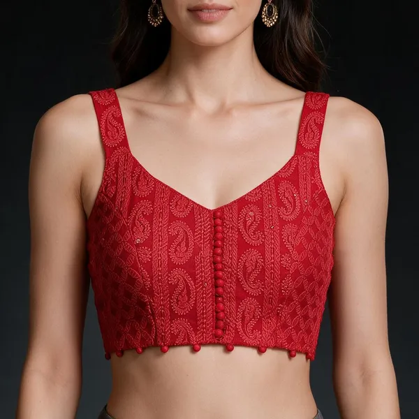 Red_Georgette_Sleeveless_Sweetheart_Neck_Chikankari_Blouse_For_Women