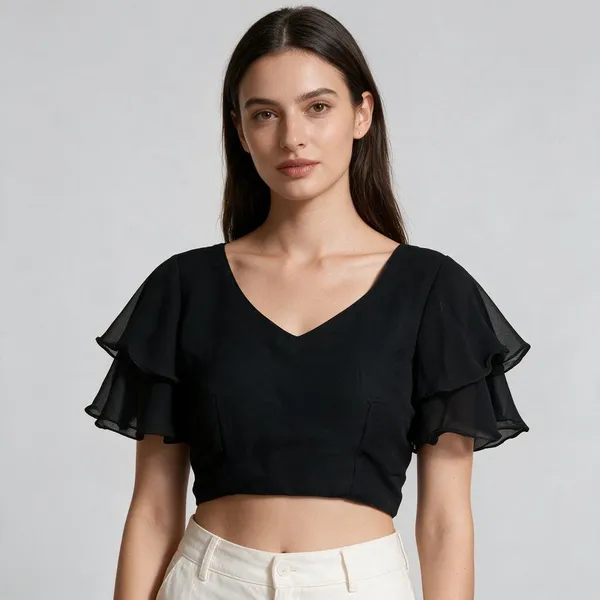 Black_Short_Sleeve_V-Neck_Blouse_For_Women
