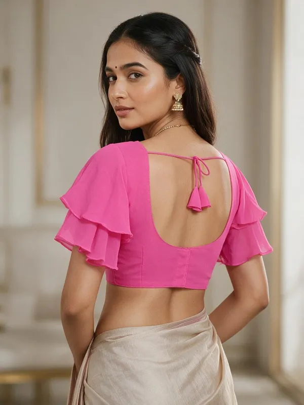 Pink_Short_Sleeve_V-Neck_Blouse_For_Women