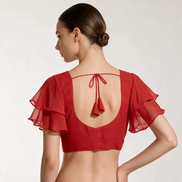 Red_V-Neck_Short_Sleeve_Blouse_For_Women