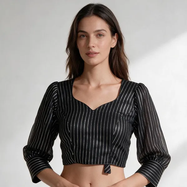 Black_Georgette_Full_Sleeve_V-Neck_Striped_Blouse_For_Women