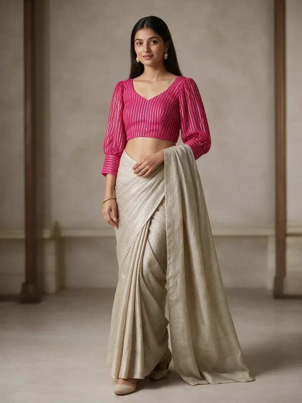 Pink_Georgette_Full_Sleeve_V-Neck_Blouse_For_Women