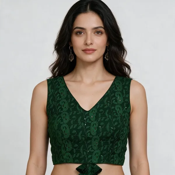 Dark_Green_Georgette_Sleeveless_V-Neck_Sequin_Embroidered_Blouse_For_Women