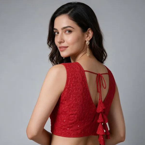 Red_Georgette_Sleeveless_V-Neck_Sequin_Embroidered_Blouse_For_Women