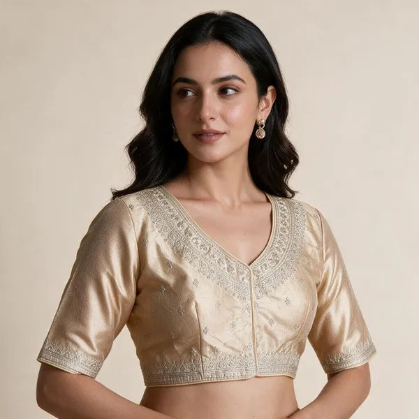 Beige_Silk_Half_Sleeve_V-Neck_Embroidered_Blouse_For_Women