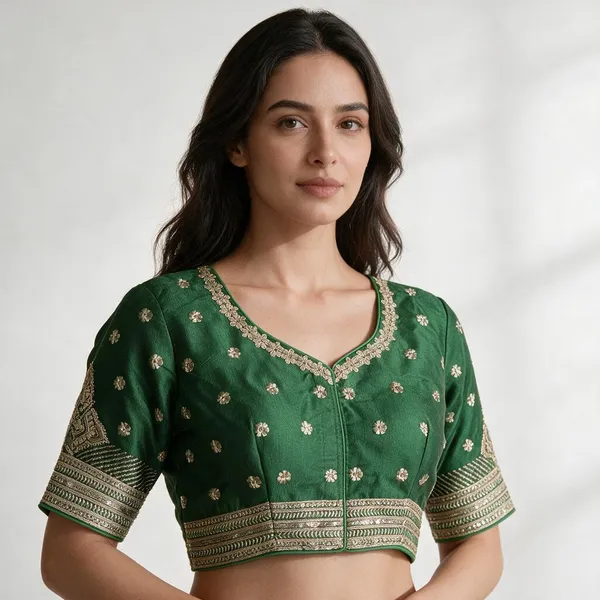 Green_Half_Sleeve_Round_Neck_Blouse_For_Women