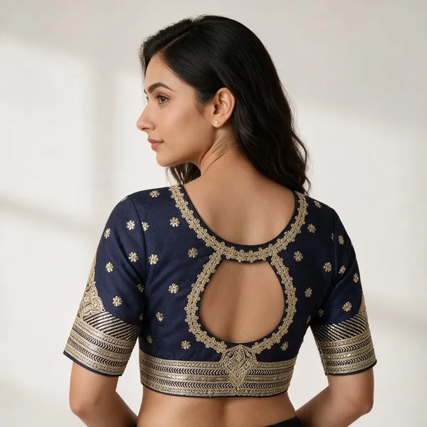 Blue_Silk_Embroidered_Half_Sleeve_Round_Neck_Blouse_For_Women