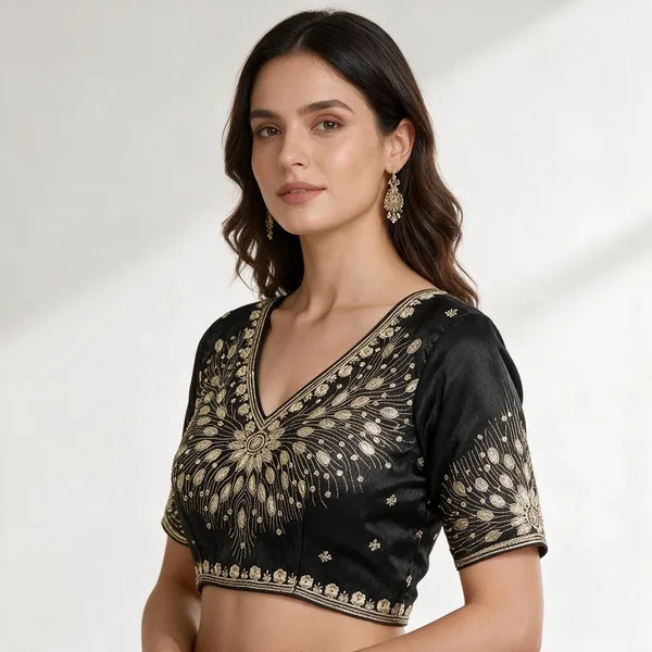 Black_Organza_V-Neck_Half_Sleeve_Embroidered_Sequin_Blouse_For_Women