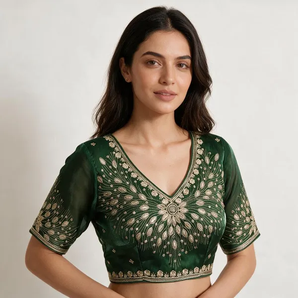 Green_Half_Sleeve_V-Neck_Blouse_For_Women