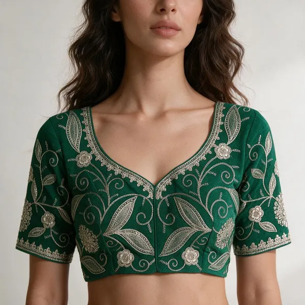 Green_Velvet_Half_Sleeve_Sweetheart_Neck_Embroidered_Blouse_For_Women