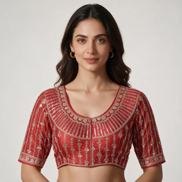 Red_Silk_Half_Sleeve_Sweetheart_Neck_Embroidered_Blouse_For_Women