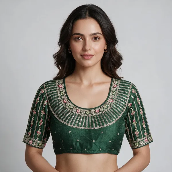 Green_Silk_Half_Sleeve_Sweetheart_Neck_Embroidered_Blouse_For_Women