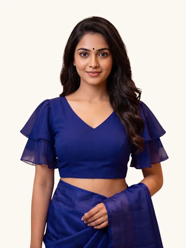 Blue_Half_Sleeve_V-Neck_Blouse_For_Women