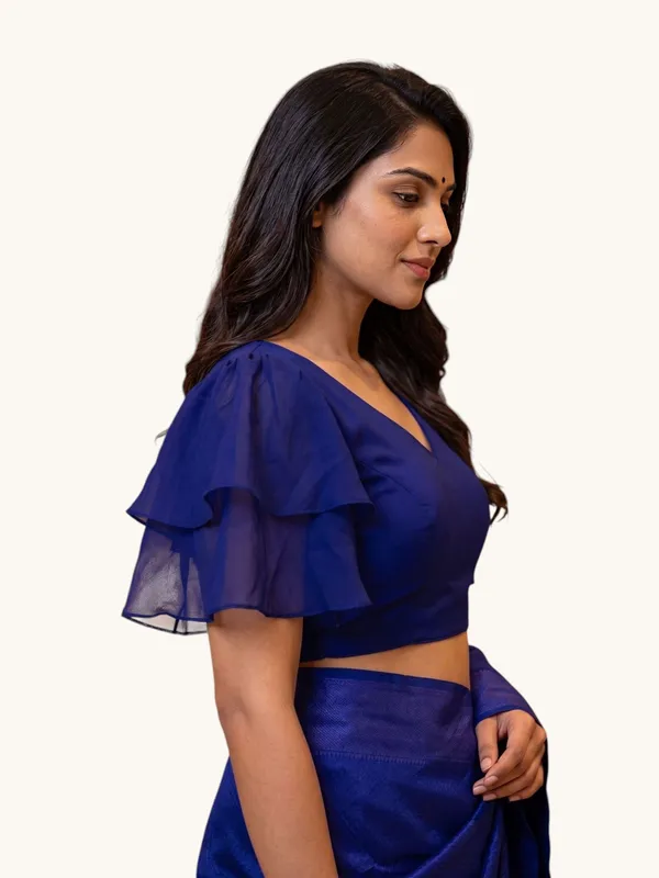 Blue_Half_Sleeve_V-Neck_Blouse_For_Women