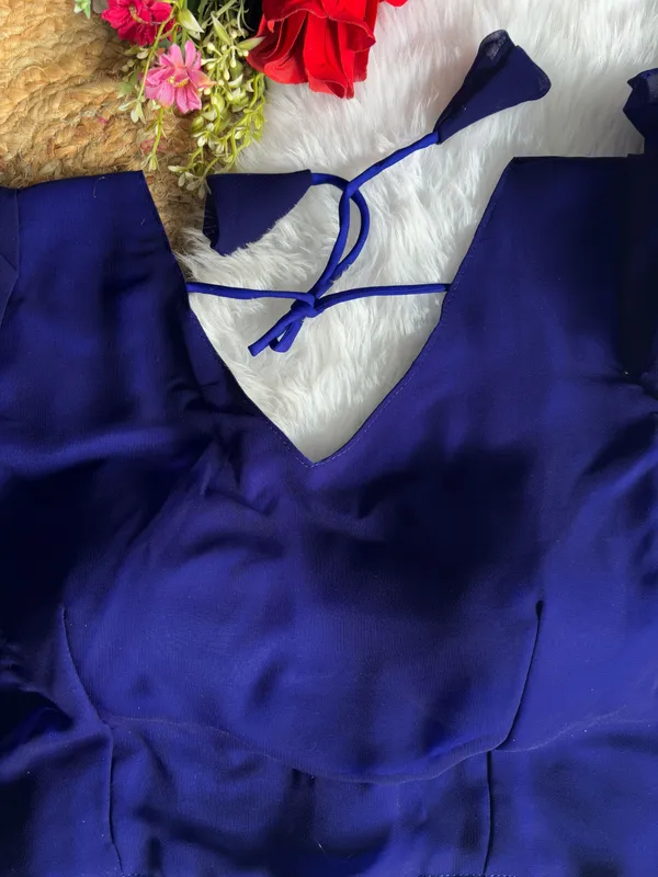 Blue_Half_Sleeve_V-Neck_Blouse_For_Women