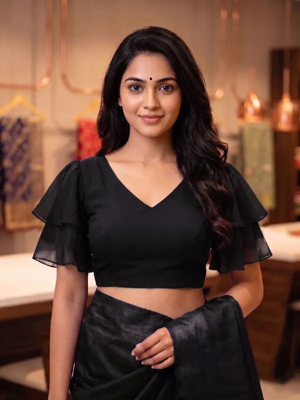 Black_Half_Sleeve_V-Neck_Blouse_For_Women