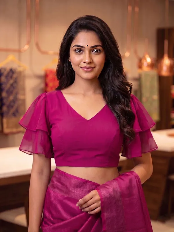 Pink_Half_Sleeve_V-Neck_Blouse_For_Women