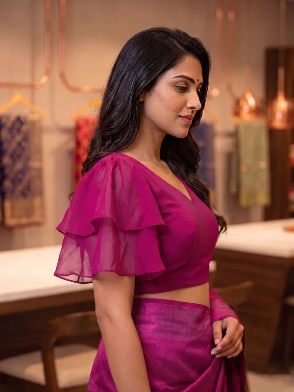 Pink_Half_Sleeve_V-Neck_Blouse_For_Women