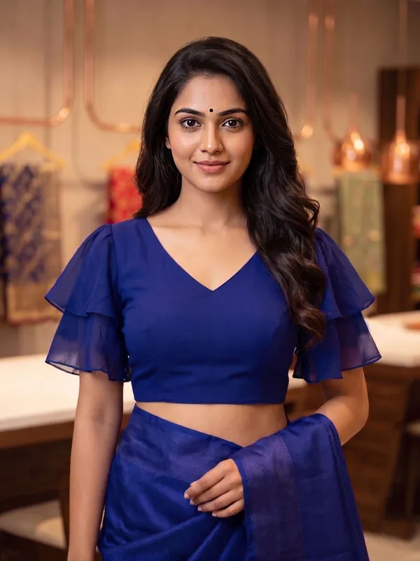 Blue_Half_Sleeve_V-Neck_Blouse_For_Women