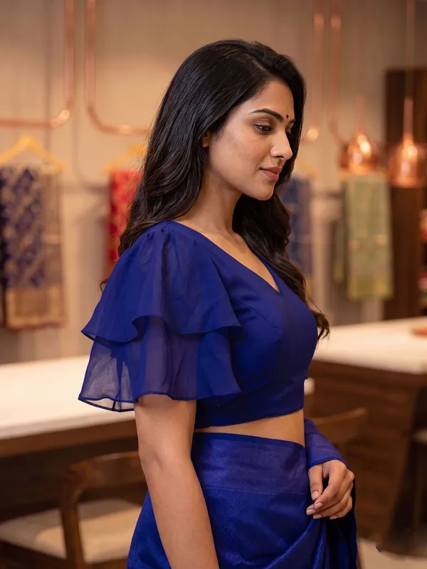 Blue_Half_Sleeve_V-Neck_Blouse_For_Women
