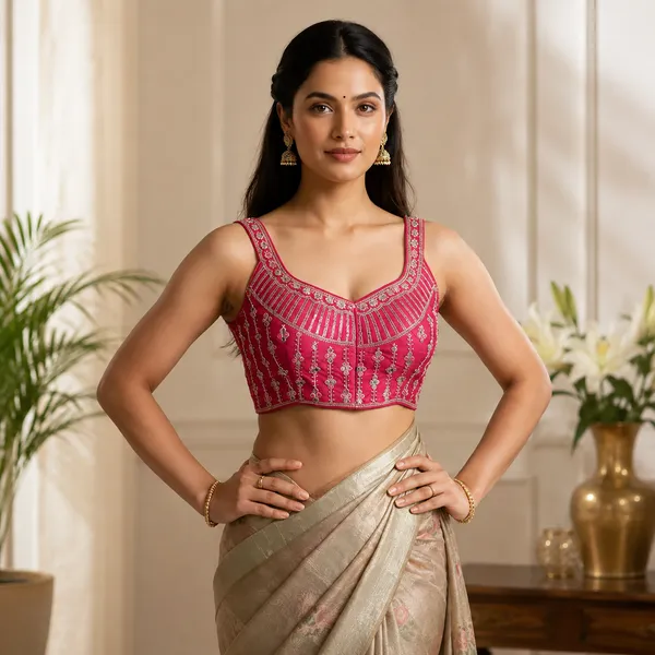 Pink_Silk_Sweetheart_Neck_Half_Sleeve_Blouse_For_Women_|__Ready_Size-_38(36_-_40_alteration)