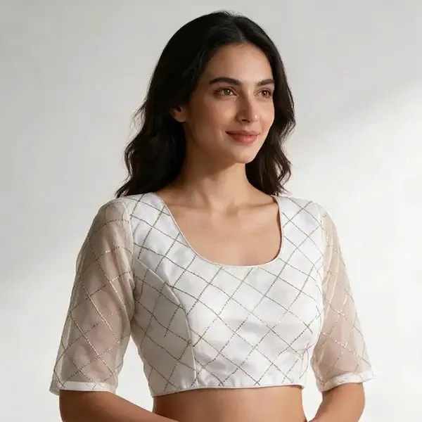 White_Net_Bead_Embroidered_Full_Sleeve_Round_Neck_Blouse_For_Women