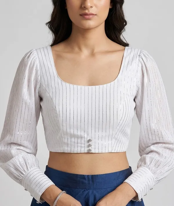 White_Georgette_Full_Sleeve_V-Neck_Striped_Blouse_For_Women
