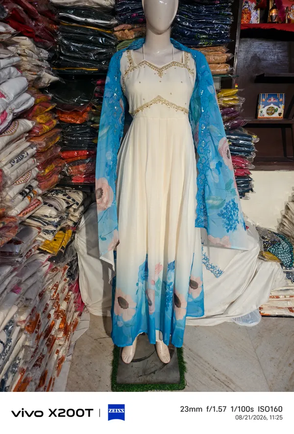 Cream_Embroidered_Anarkali_Dress_With_Blue_Dupatta_For_Women