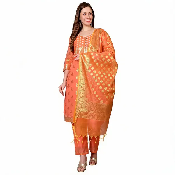 Peach_Banarasi_Chanderi_Silk_Straight_Kurta_Pant_Dupatta_Set_For_Women