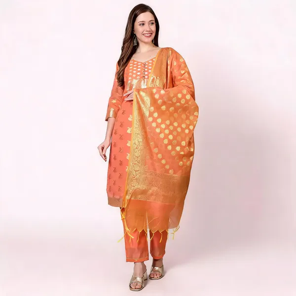 Peach_Banarasi_Chanderi_Silk_Straight_Kurta_Pant_Dupatta_Set_For_Women