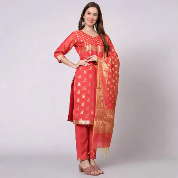 Red_Banarasi_Chanderi_Silk_Straight_Pant_And_Dupatta_Set_For_Women