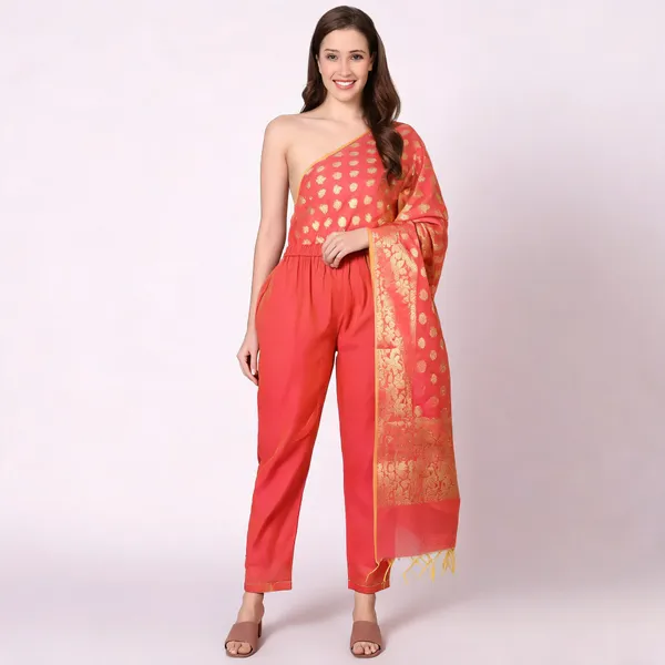 Red_Banarasi_Chanderi_Silk_Straight_Pant_And_Dupatta_Set_For_Women