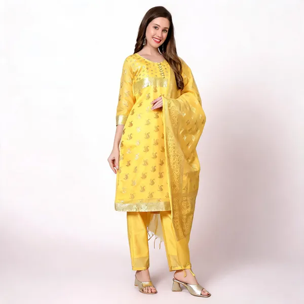Yellow_Banarasi_Chanderi_Silk_Printed_Straight_Kurta_Pant_Set_For_Women