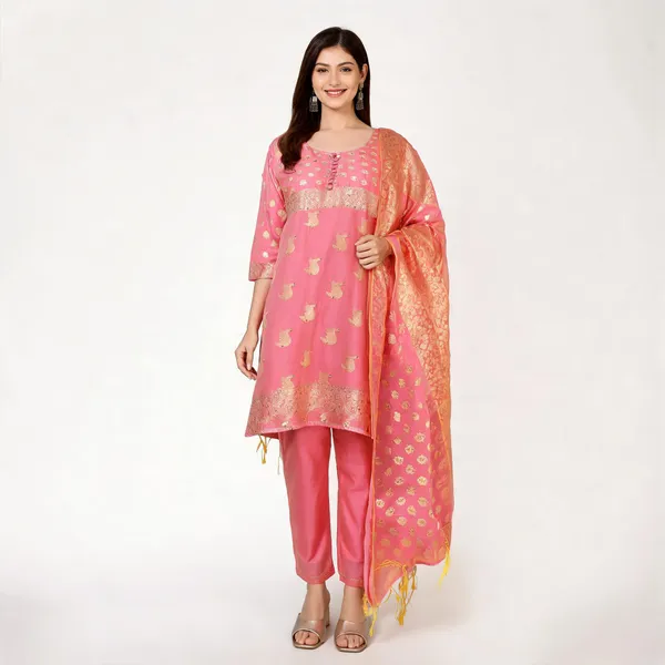 Pink_Banarasi_Chanderi_Silk_Embroidered_Kurta_Pant_Set_For_Women