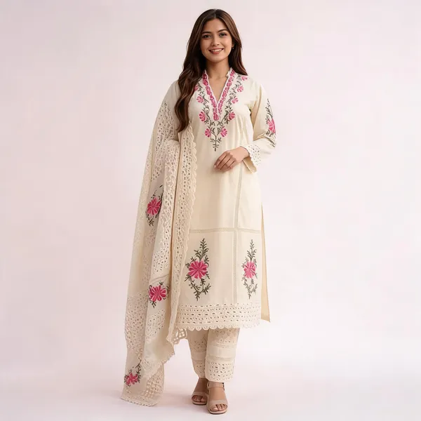 Cream_Kora_Cotton_Embroidered_Straight_Kurta_Set_For_Women