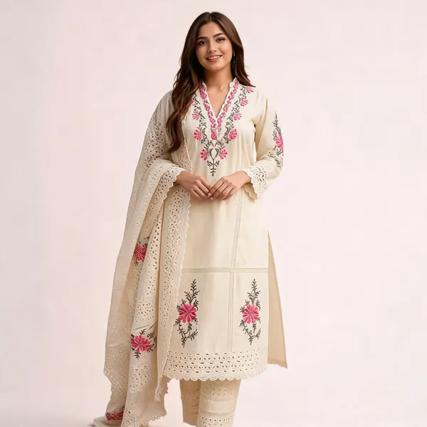 Cream_Kora_Cotton_Embroidered_Straight_Kurta_Set_For_Women