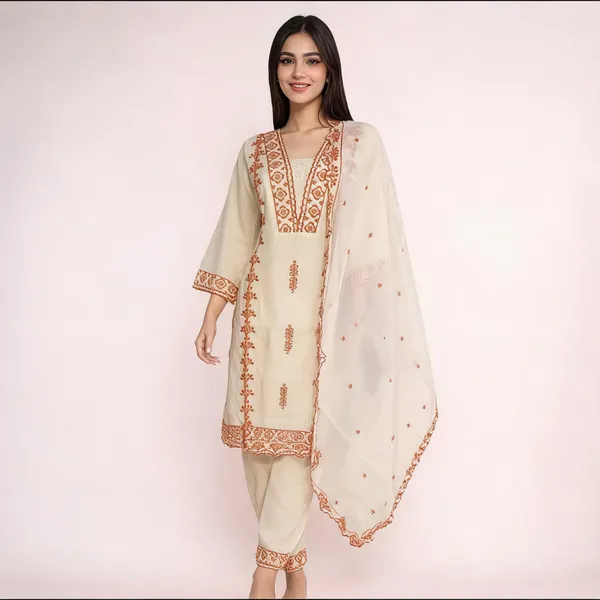 Cream_And_Brown_Cotton_Computer_Embroidered_Straight_Kurta_Set_For_Women
