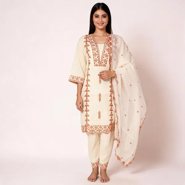 Cream_And_Brown_Cotton_Computer_Embroidered_Straight_Kurta_Set_For_Women