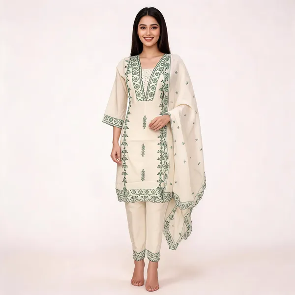 Cream_And_Green_Kora_Cotton_Embroidered_Straight_Kurta_Set_With_Dupatta_For_Women