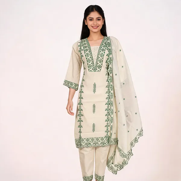 Cream_And_Green_Kora_Cotton_Embroidered_Straight_Kurta_Set_With_Dupatta_For_Women