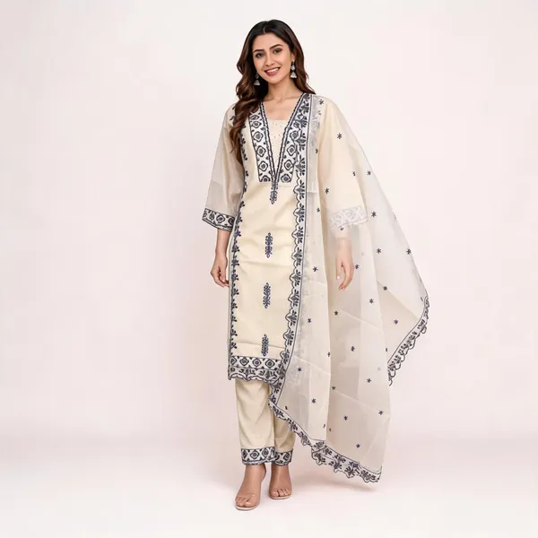 Cream_And_Grey_Kora_Cotton_Embroidered_Straight_Kurta_Set_For_Women