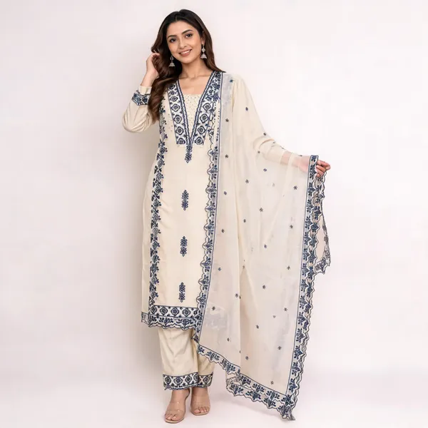 Cream_And_Grey_Kora_Cotton_Embroidered_Straight_Kurta_Set_For_Women