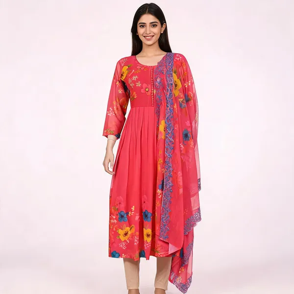 Red_Chiffon_Floral_Print_Anarkali_Dress_With_Dupatta_For_Women