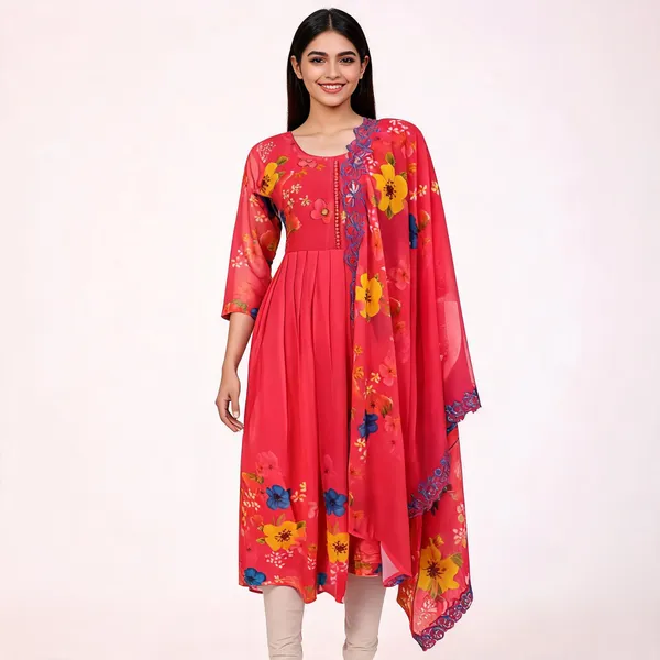 Red_Chiffon_Floral_Print_Anarkali_Dress_With_Dupatta_For_Women