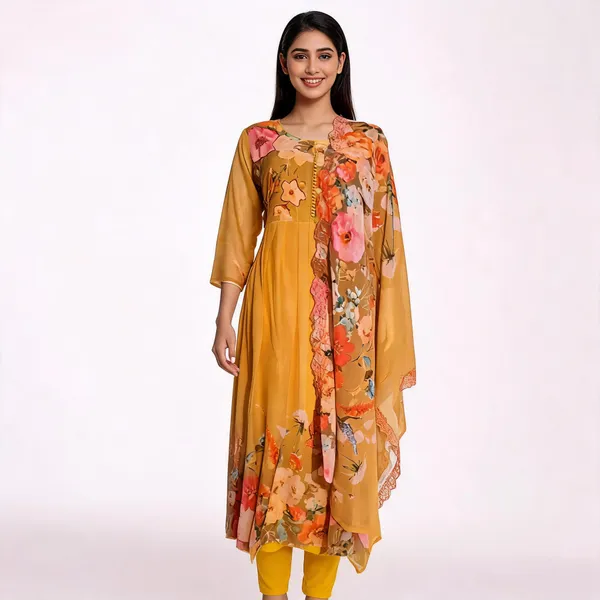 Mustard_Chiffon_Floral_Print_Flared_Anarkali_Kurta_For_Women